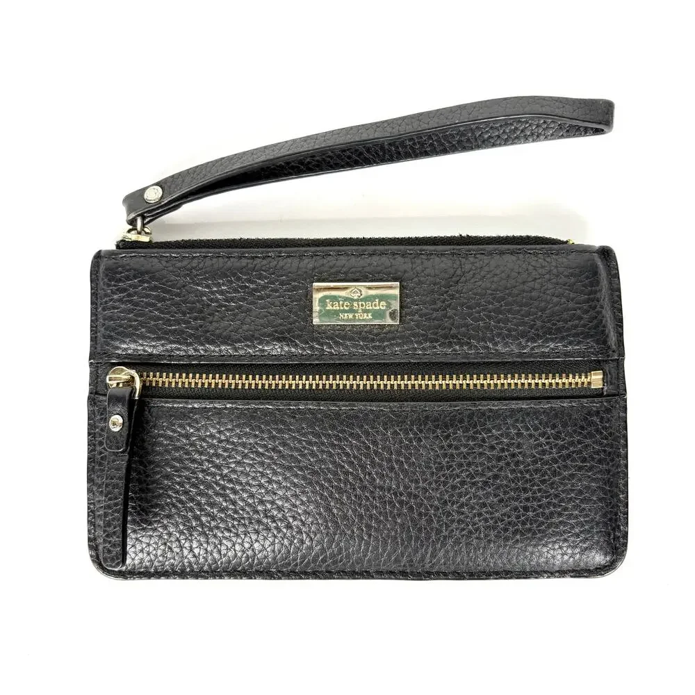 Kate Spade New York Highland Place Bee Wristlet Black Pebbled Leather Gold Zip